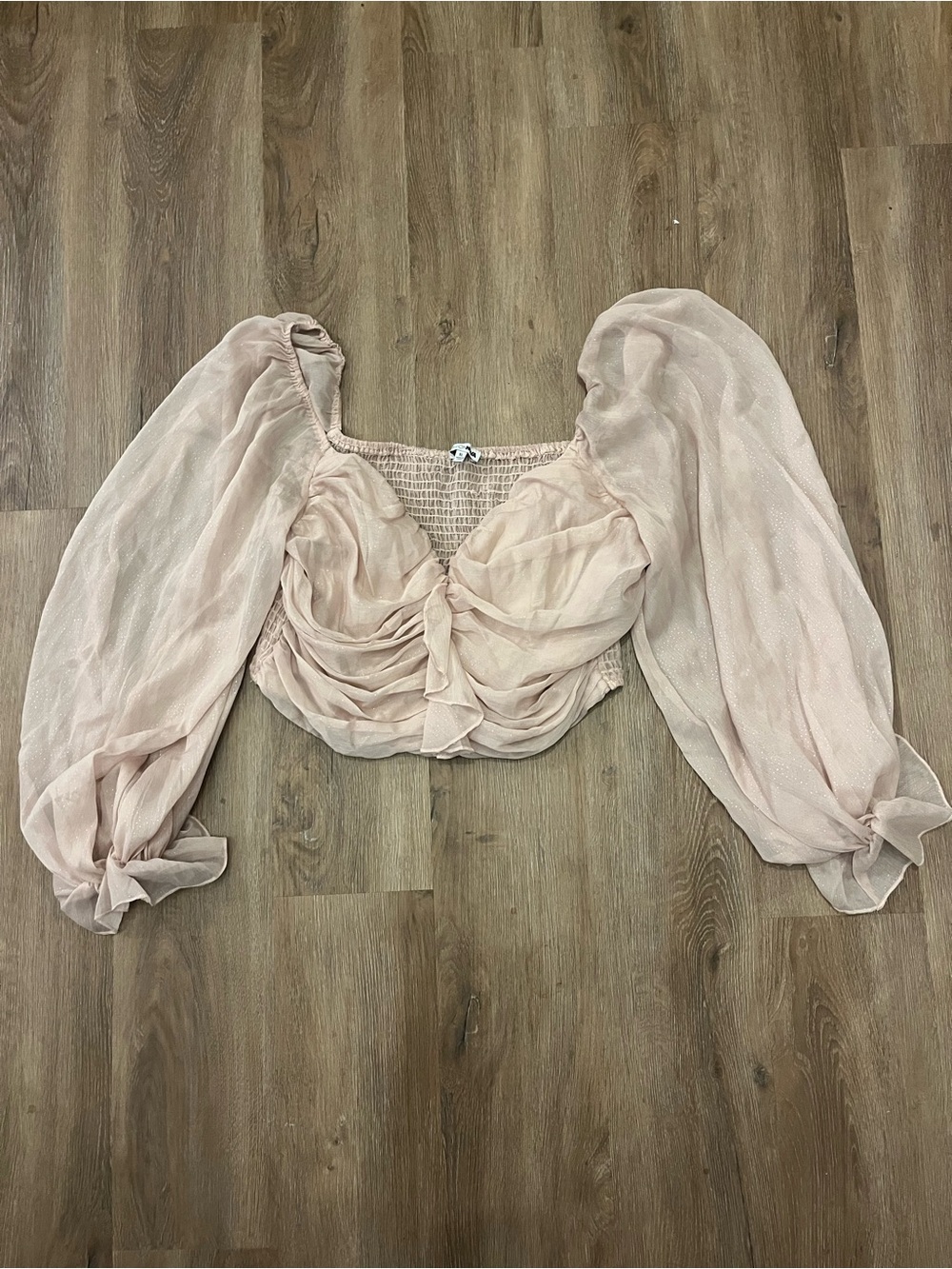 Fashion Nova Sparkly Blush Pink Ruched Puff-Sleeve Crop Top Smocked